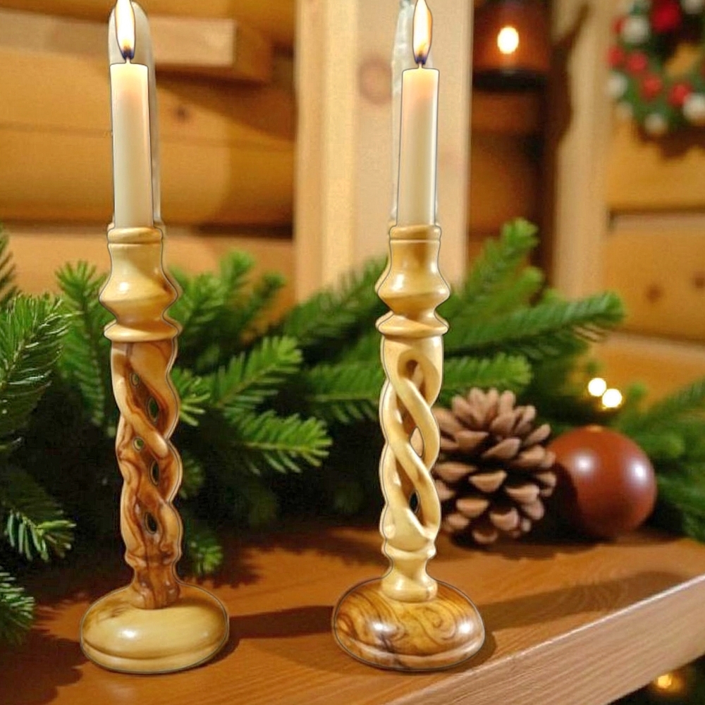 Olive Wood Candle Holders Open Barley Twist, Romantic Country Farmhouse